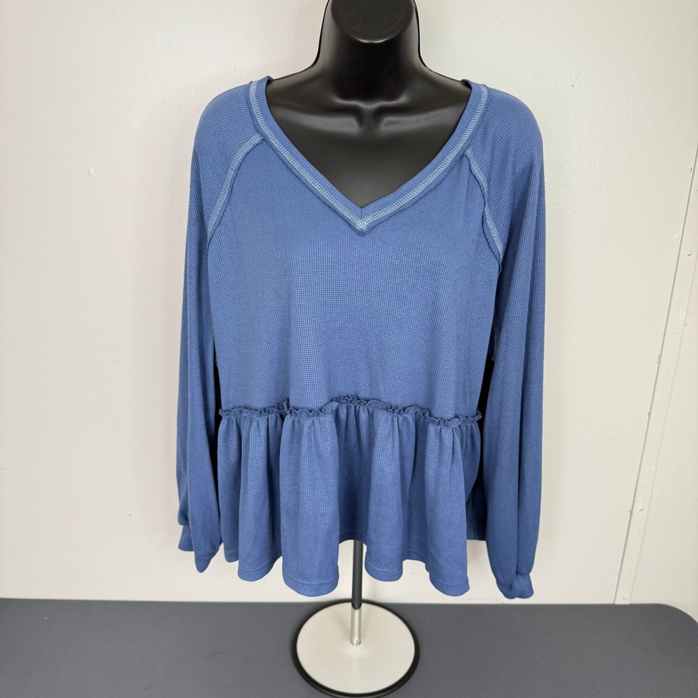 Altar'd State Top Women Small Blue Babydoll Waffle Knit V-Neck Peplum